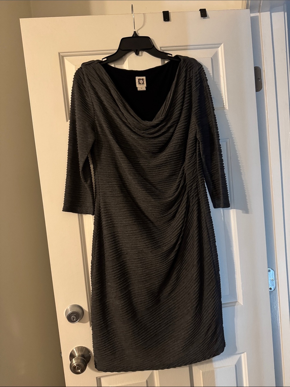 Anne Klein Black Ribbed Draped Cowl Midi Dress